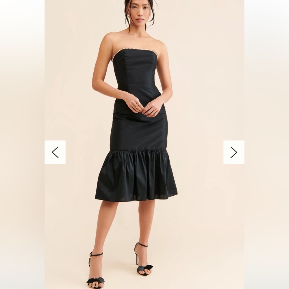 Anthropologie Gin & Jules Strapless Black Gwyneth Pearl Trim Midi Dress